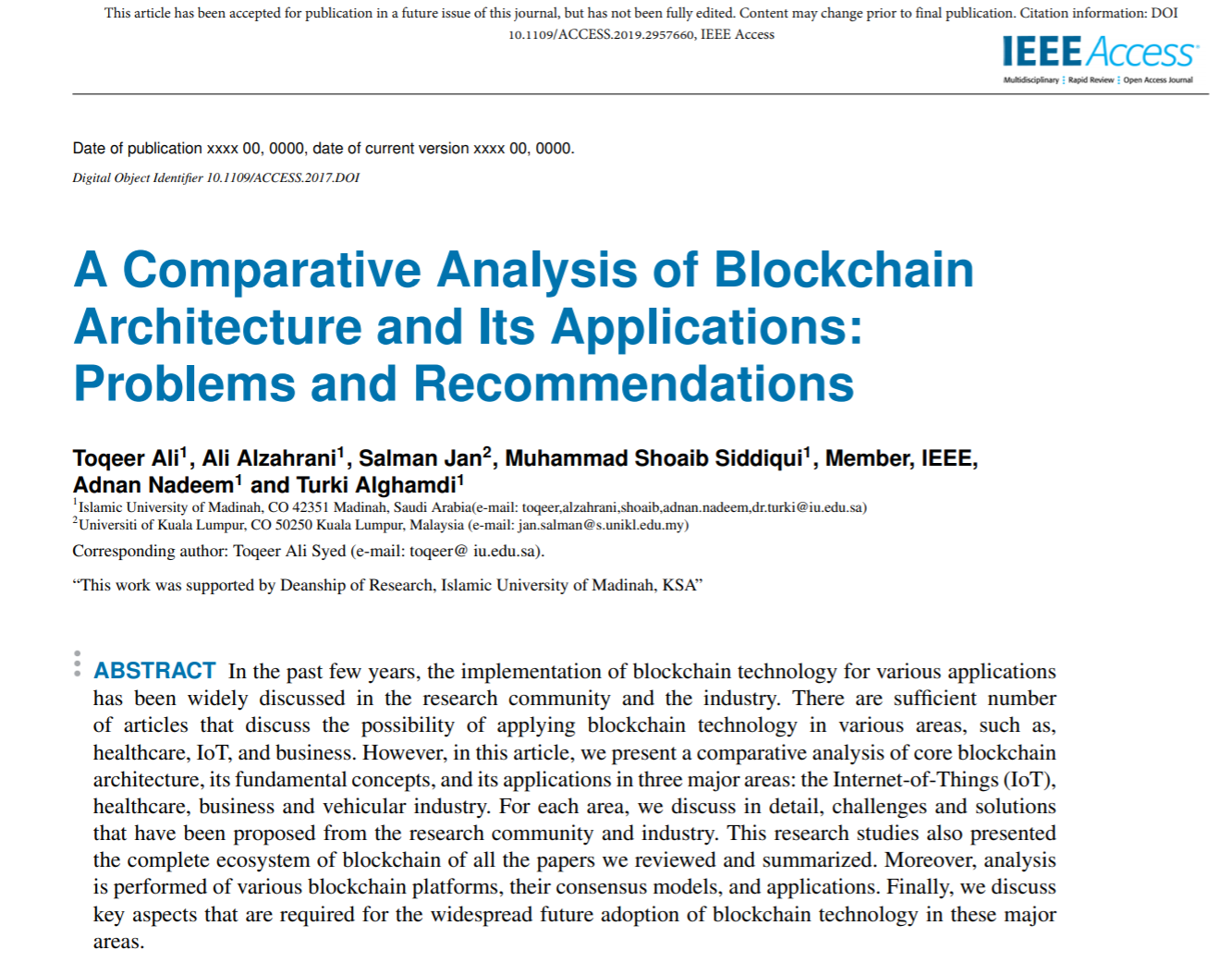 A Comparative Analysis of Blockchain Architecture and its Applications.