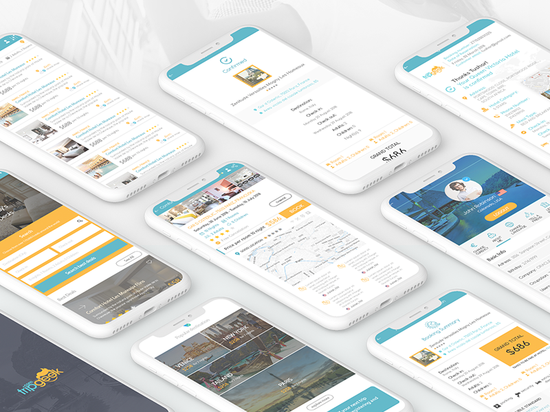 UI Design for Trip geek Travel App. 15 screens + Landing page